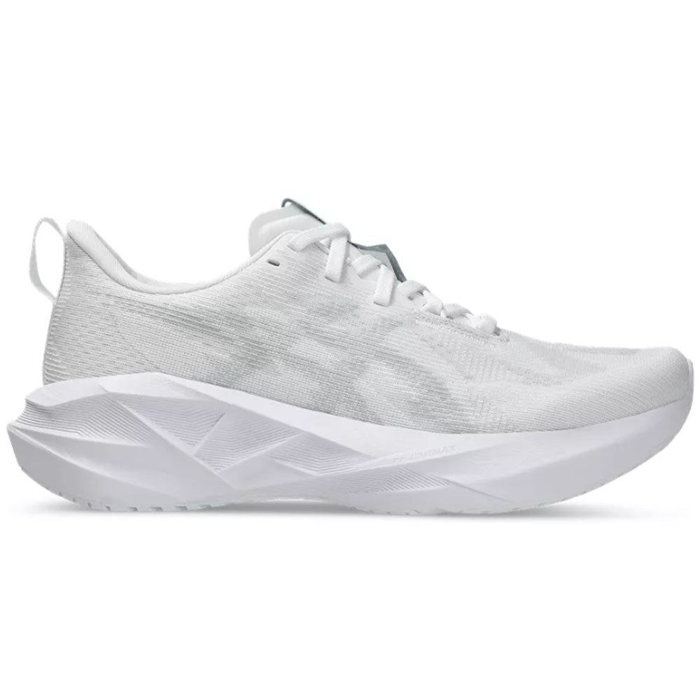 Side view on white background of Womens Asics Novablast running shoe in White/Piedmont Grey, Medium (Regular) width