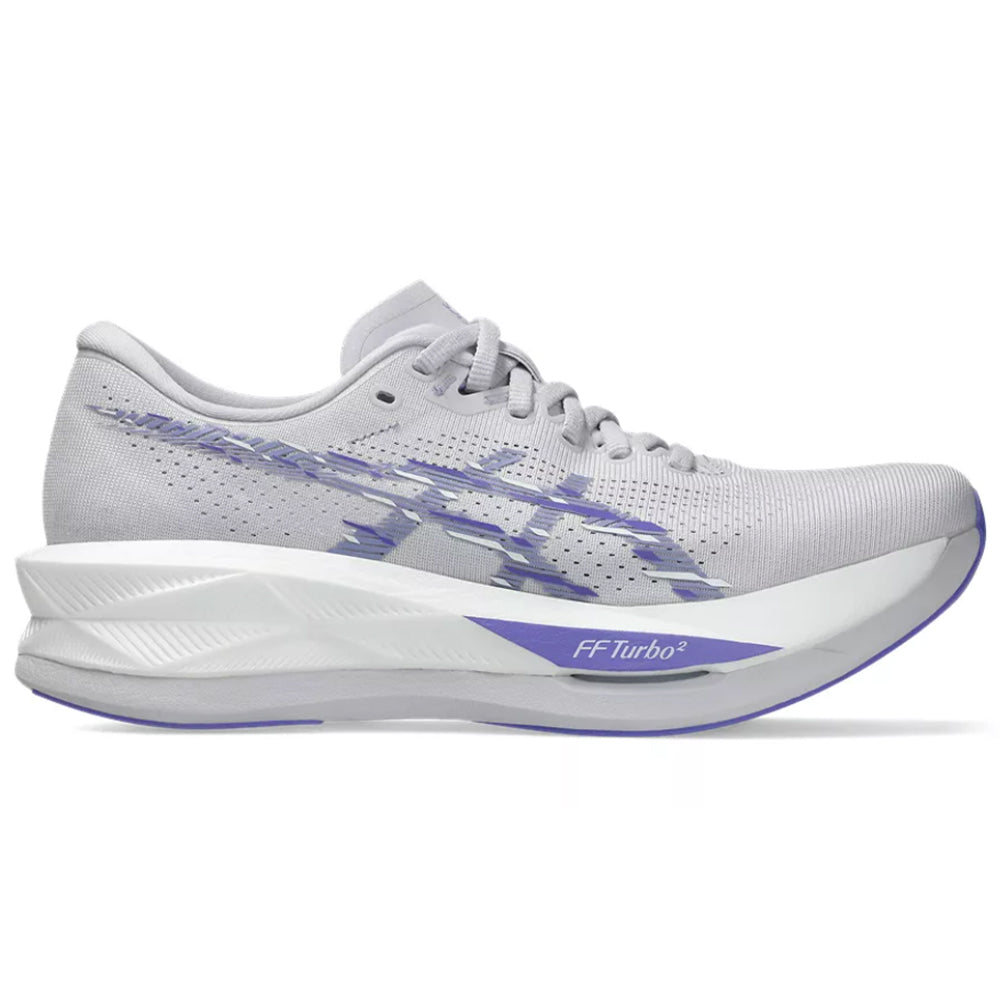 Side view on white background of Womens Asics Sonicblast running shoe in Lilac Hint/White, Medium (Regular) width