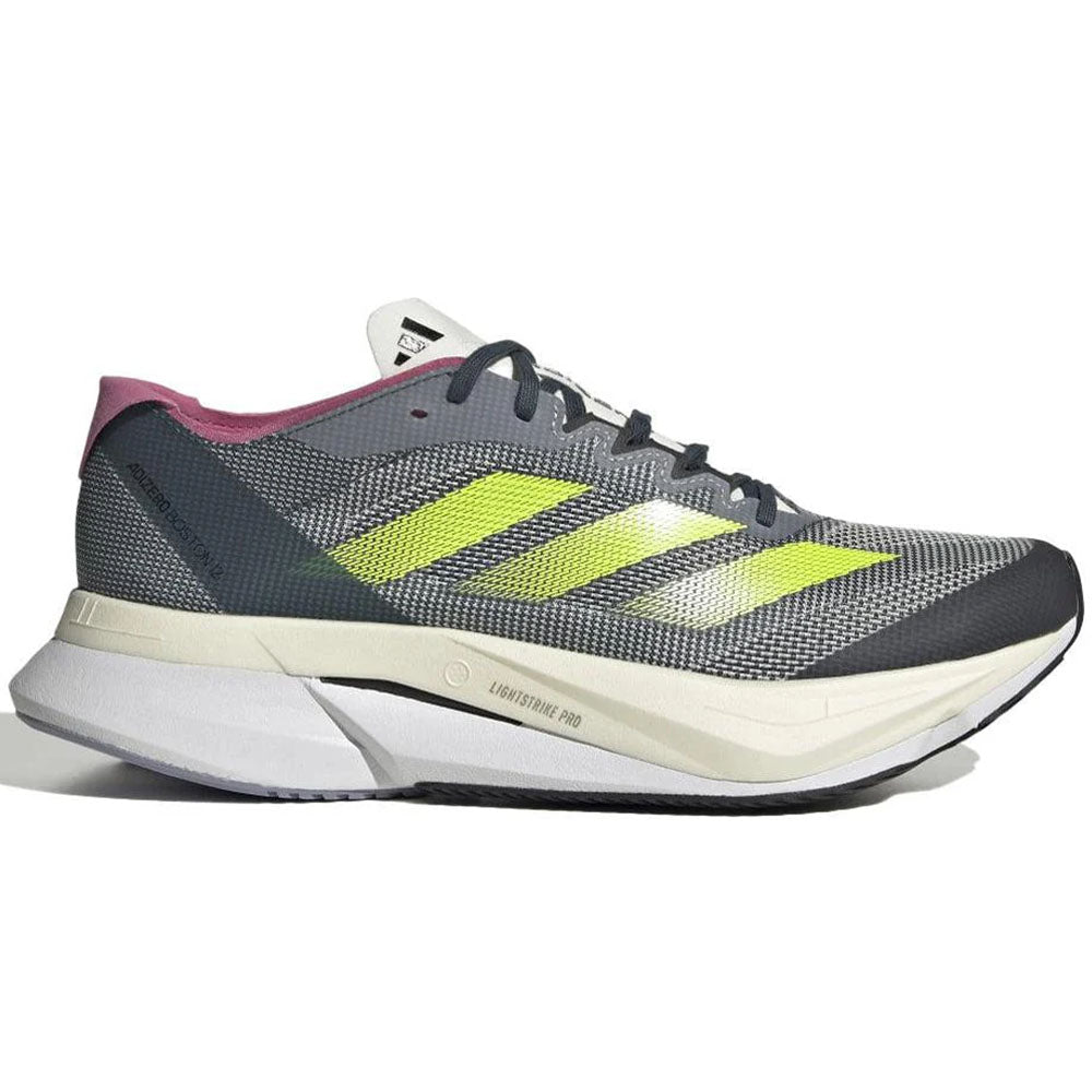Side view on white background of Womens Adidas Adizero Boston 12 running shoe in Arctic Night/Lucid Lemon/Carbon, Medium (Regular) width