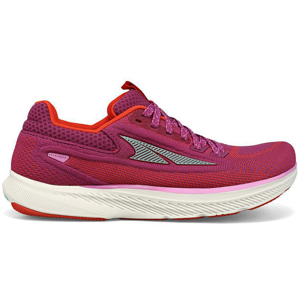 Side view on white background of Womens Altra Escalante running shoe in Fuschia/Mint, Medium (Regular) width
