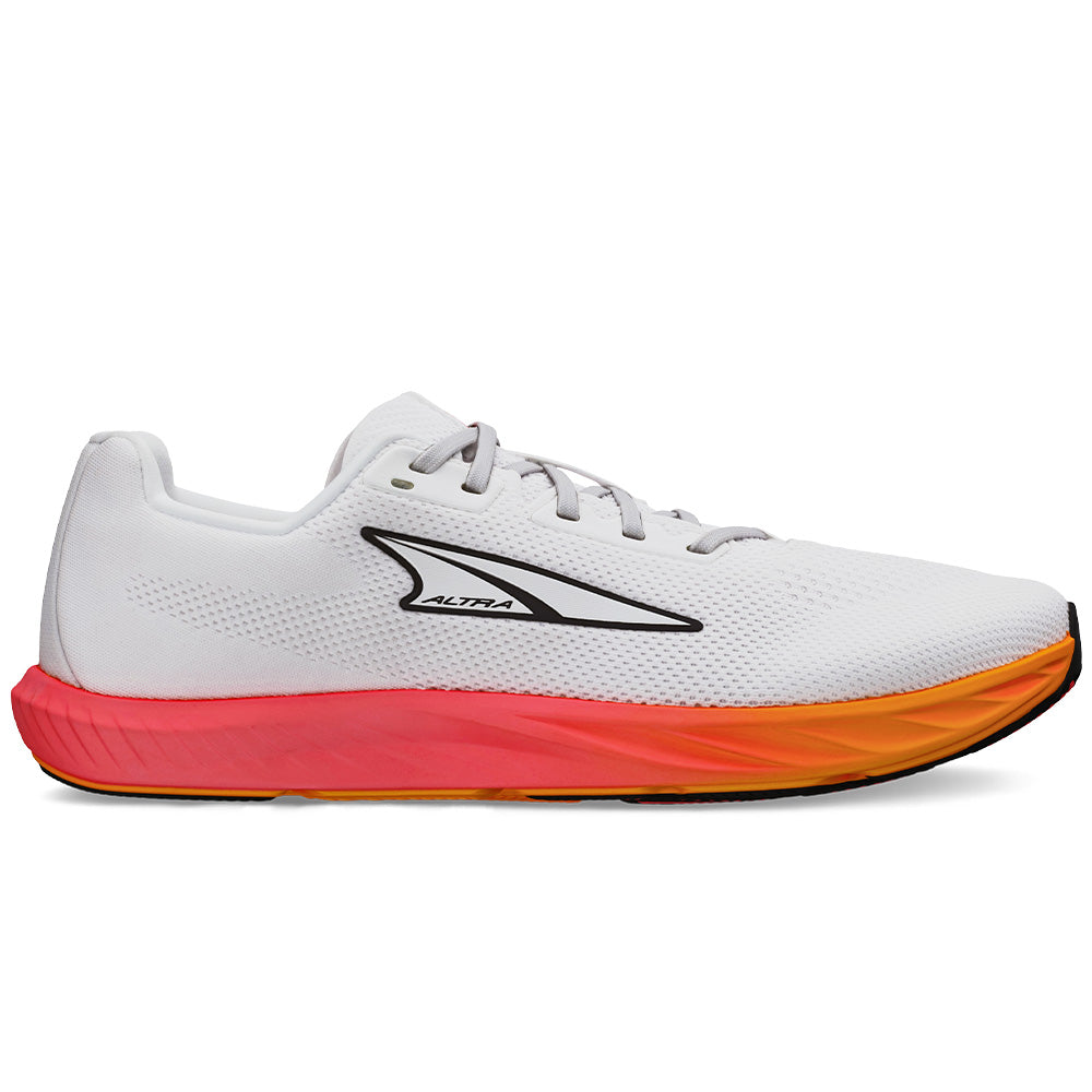 Side view on white background of Womens Altra Escalante running shoe in White/Orange, Medium (Regular) width