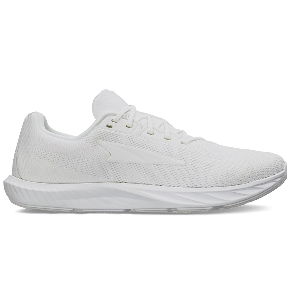 Side view on white background of Womens Altra Escalante running shoe in White/White, Medium (Regular) width