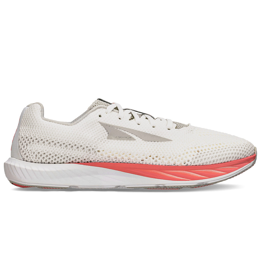 Side view on white background of Womens Altra Escalante Racer running shoe in White/Coral, Medium (Regular) width