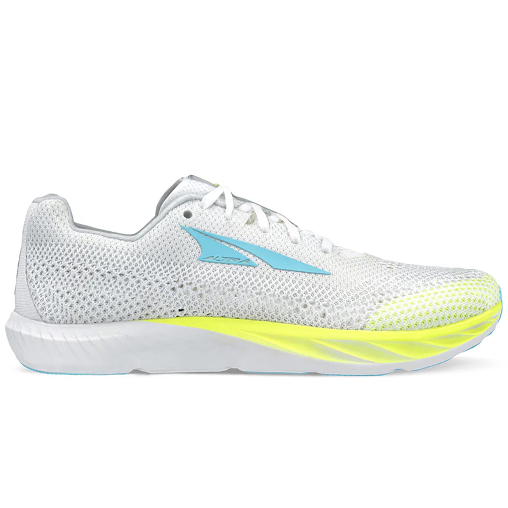 Side view on white background of Womens Altra Escalante Racer running shoe in White, Medium (Regular) width