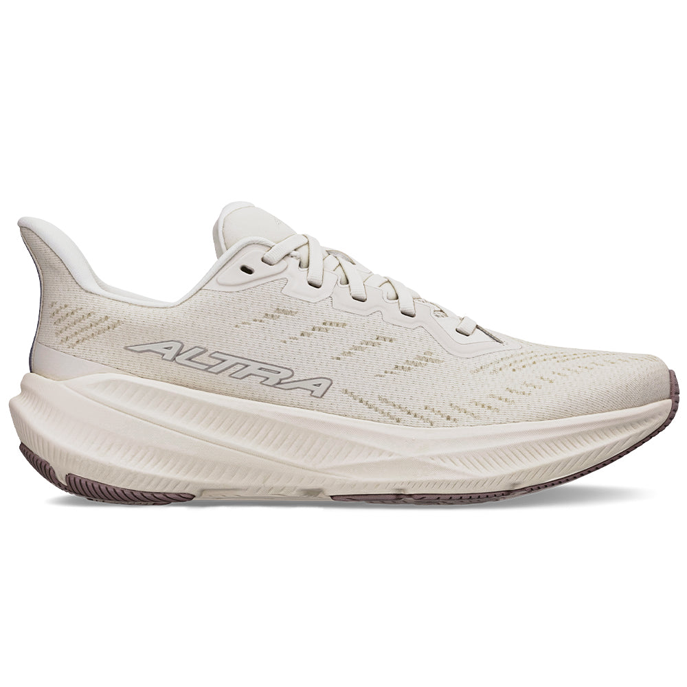 Side view on white background of Womens Altra Experience running shoe in Sand, Medium (Regular) width