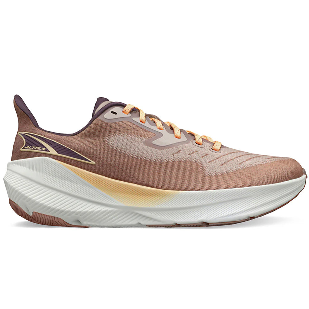 Side view on white background of Womens Altra Experience running shoe in Taupe, Medium (Regular) width
