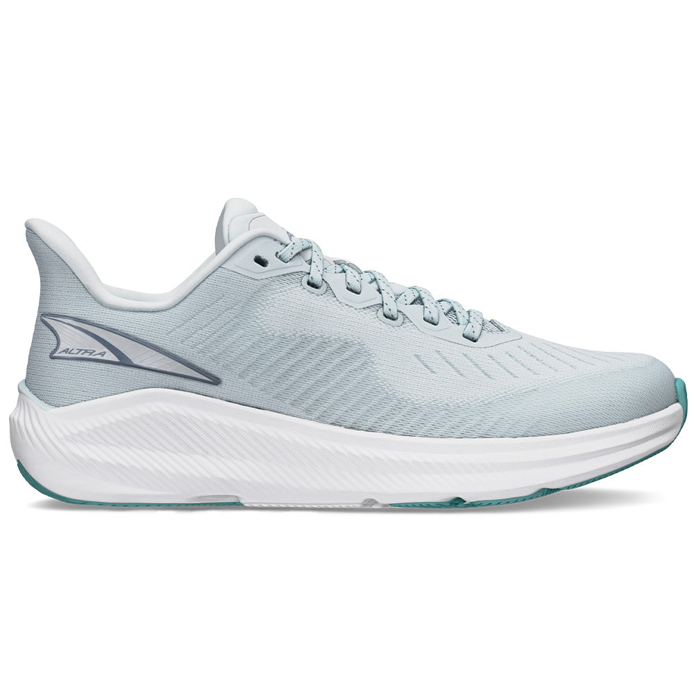 Side view on white background of Womens Altra Experience running shoe in Gray/Teal, Medium (Regular) width