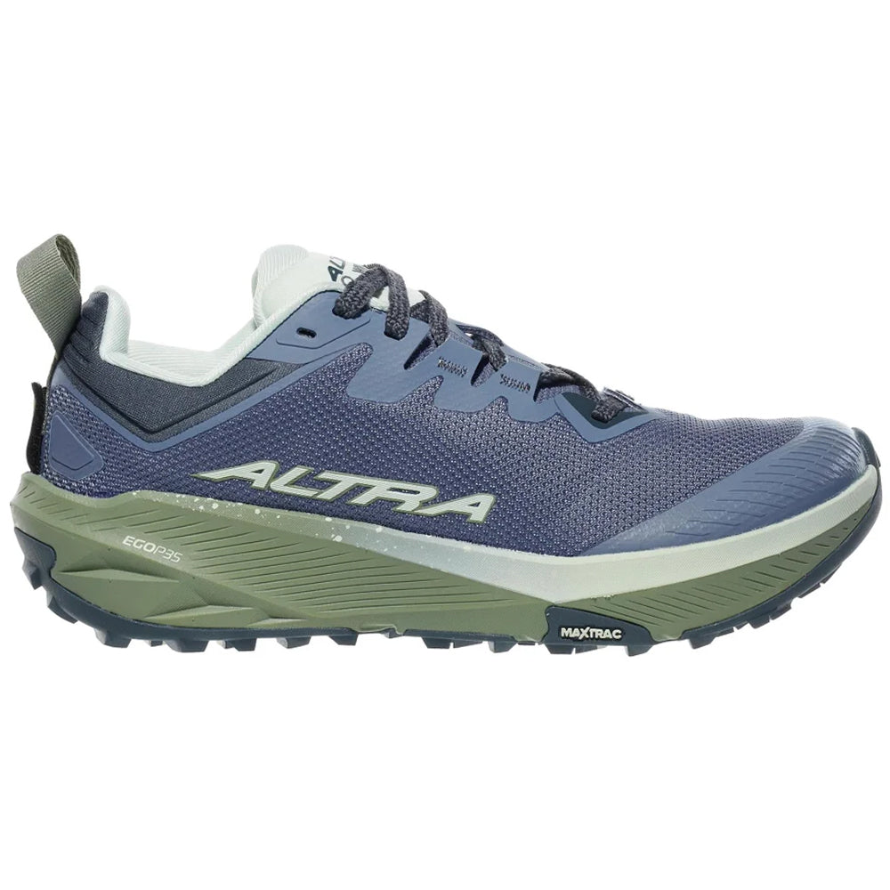 Side view on white background of Womens Altra Experience Wild running shoe in Dark Blue, Medium (Regular) width