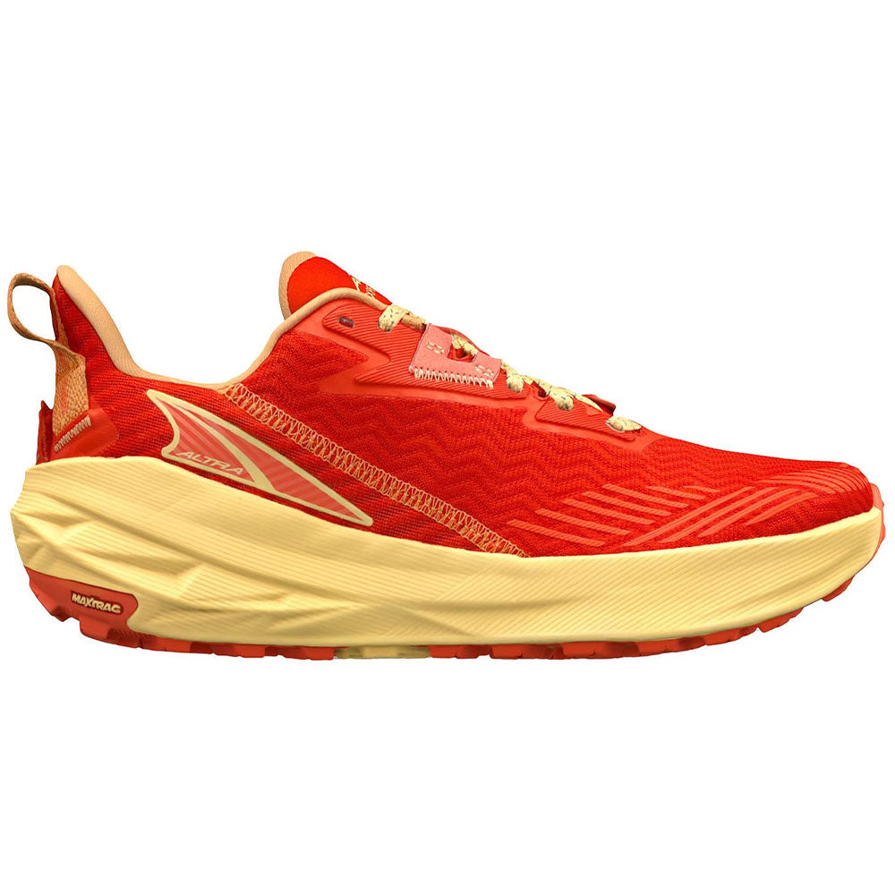 Side view on white background of Womens Altra Experience running shoe in Red/Orange, Medium (Regular) width