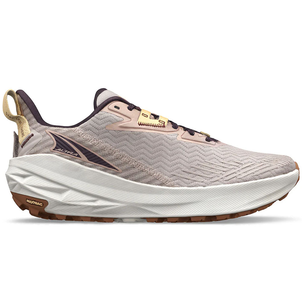 Side view on white background of Womens Altra Experience running shoe in Taupe, Medium (Regular) width
