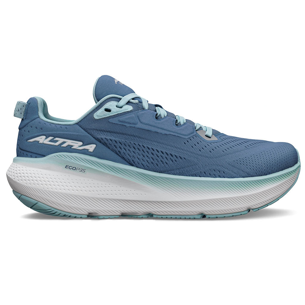 Side view on white background of Womens Altra FWD Via running shoe in Light Blue, Medium (Regular) width