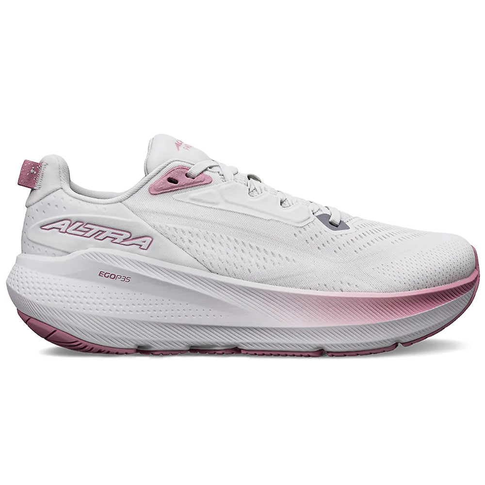 Side view on white background of Womens Altra FWD Via running shoe in Light Gray, Medium (Regular) width
