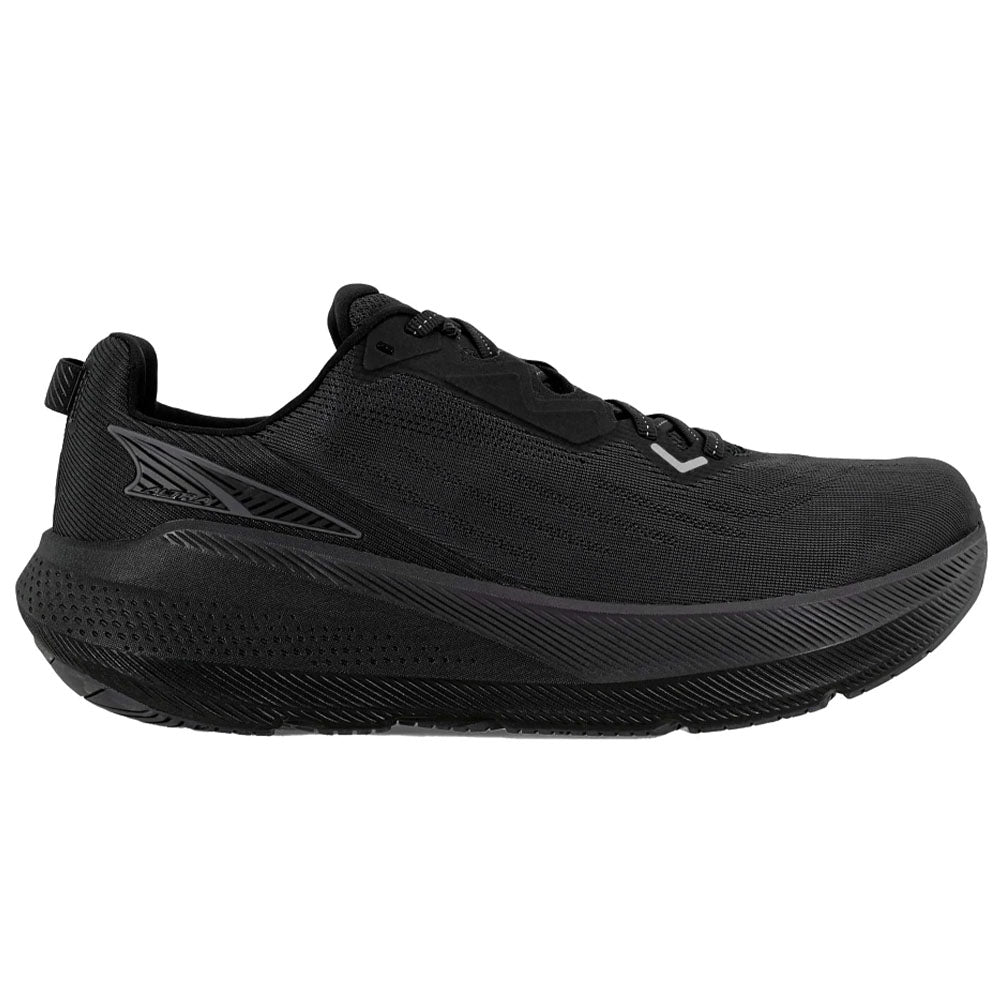 Side view on white background of Womens Altra FWD running shoe in Black/Black, Medium (Regular) width