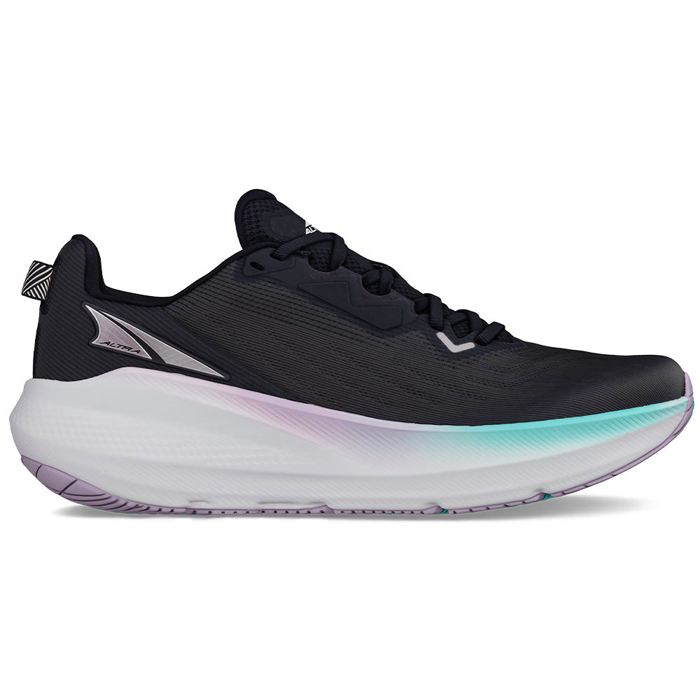 Side view on white background of Womens Altra FWD running shoe in Black/Purple, Medium (Regular) width