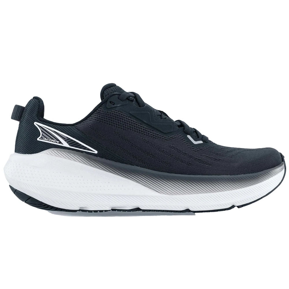Side view on white background of Womens Altra FWD running shoe in Black, Medium (Regular) width