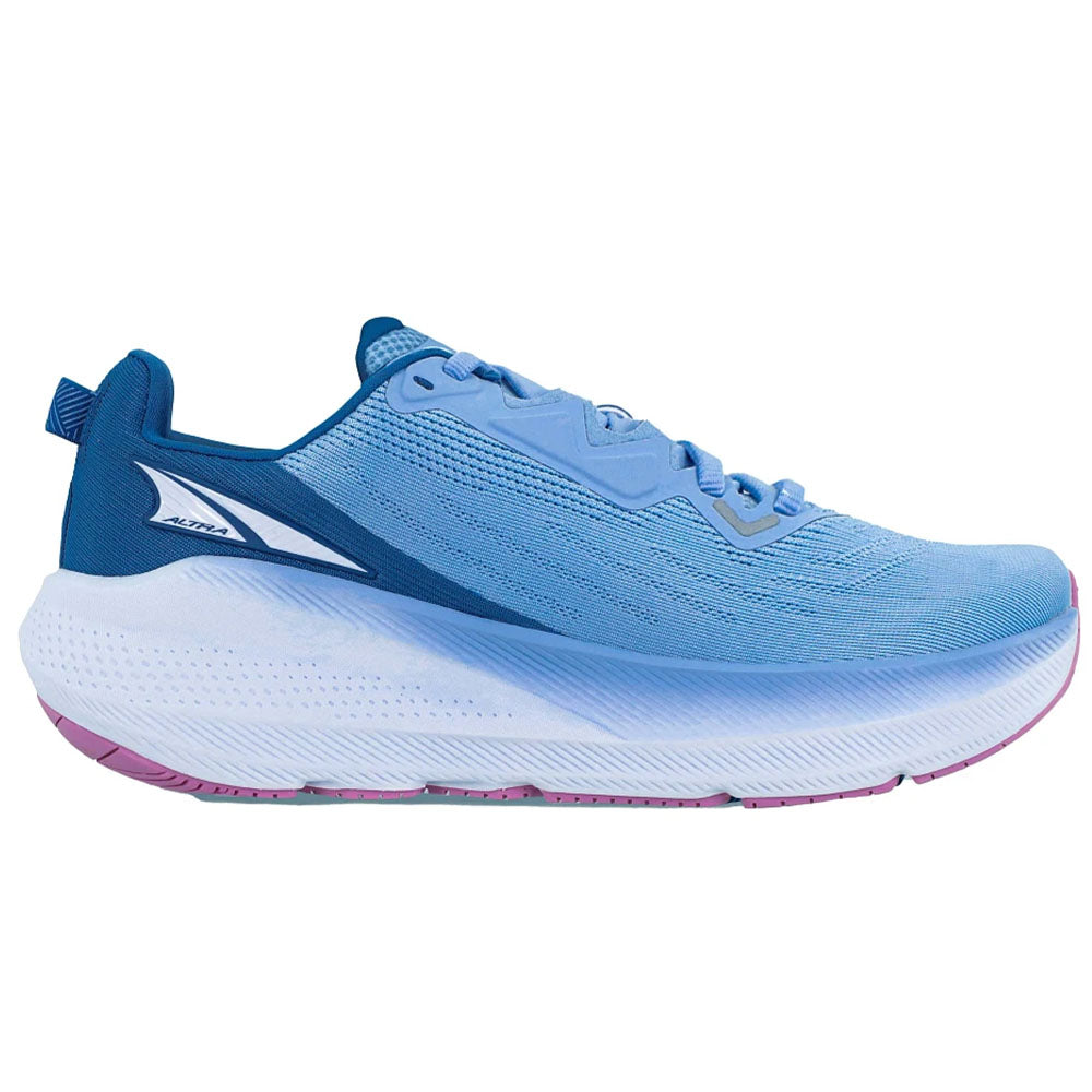 Side view on white background of Womens Altra FWD running shoe in Light Blue, Medium (Regular) width