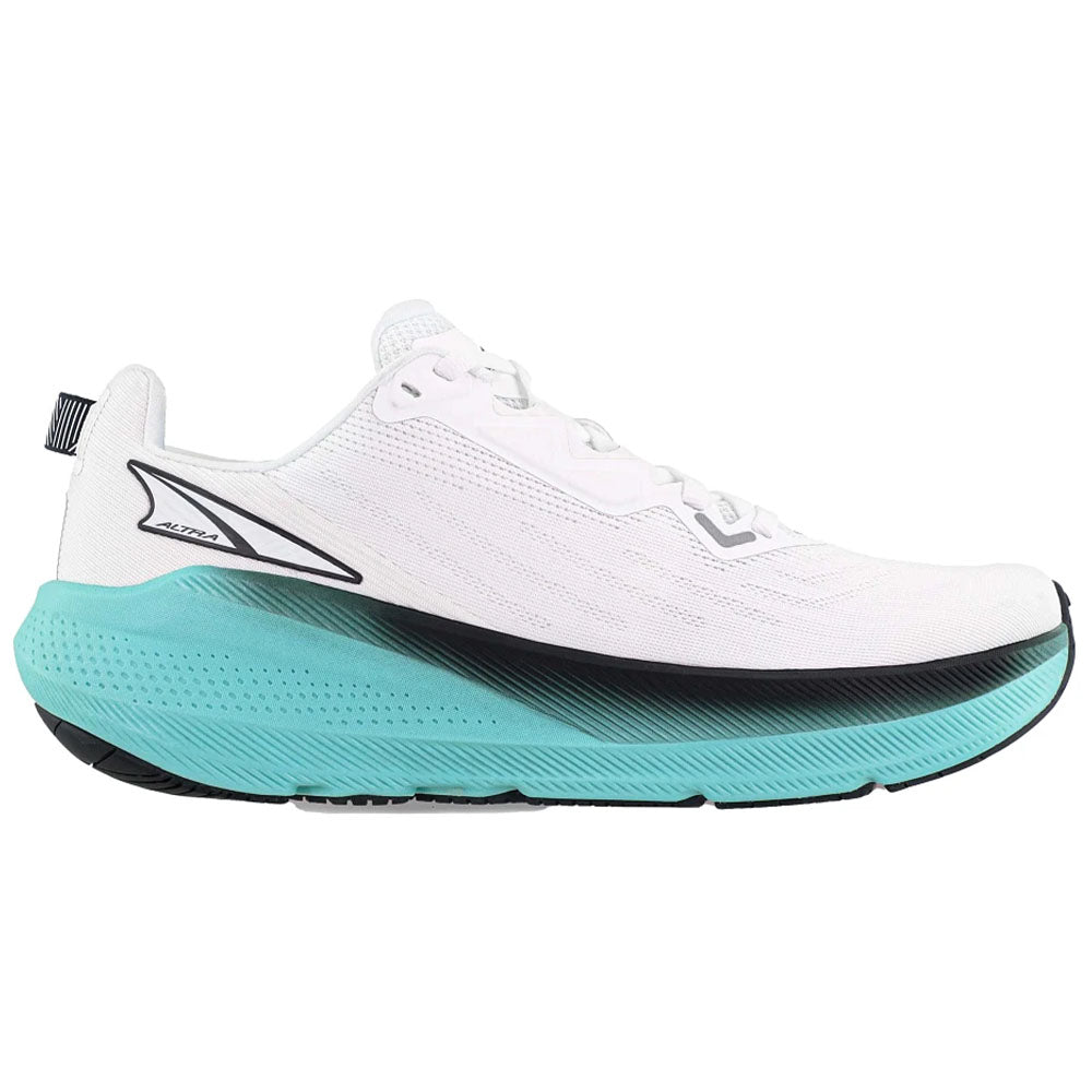 Side view on white background of Womens Altra FWD running shoe in White/Green, Medium (Regular) width