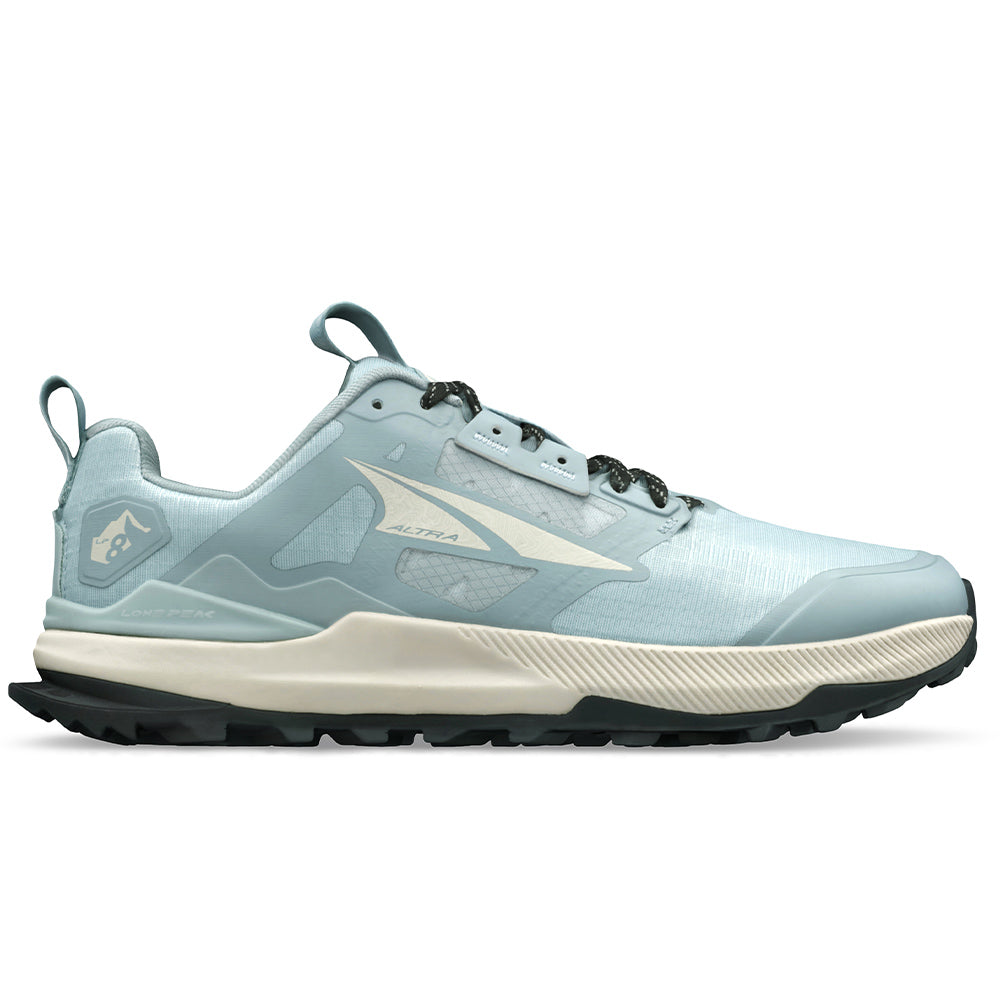 Side view on white background of Womens Altra Lone Peak running shoe in Mineral Blue, Medium (Regular) width