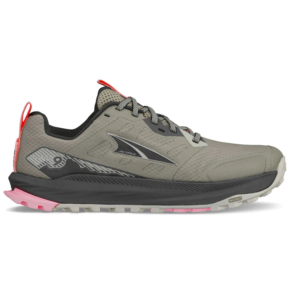 Side view on white background of Womens Altra Lone Peak running shoe in Dusty Olive, Medium (Regular) width