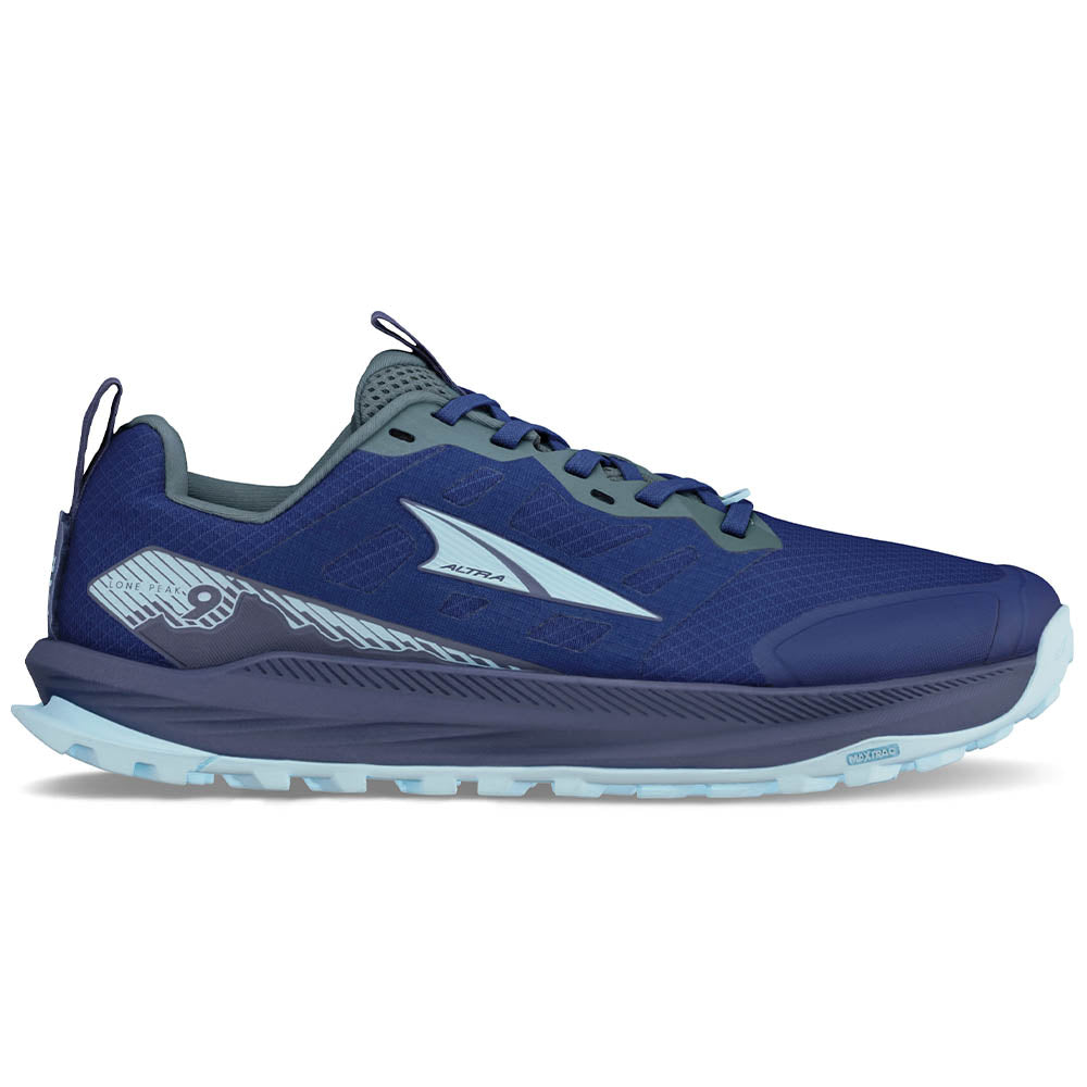 Side view on white background of Womens Altra Lone Peak running shoe in Navy, Medium (Regular) width