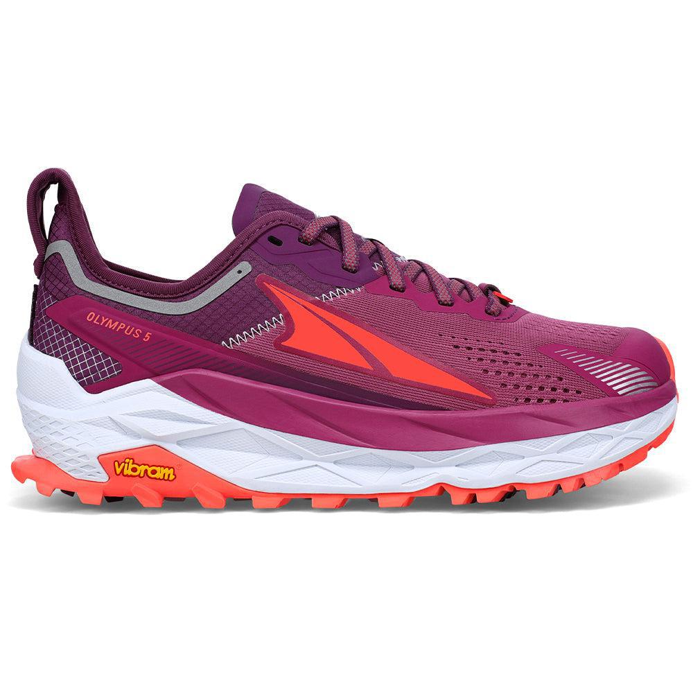 Side view on white background of Womens Altra Olympus running shoe in Purple/Orange, Medium (Regular) width
