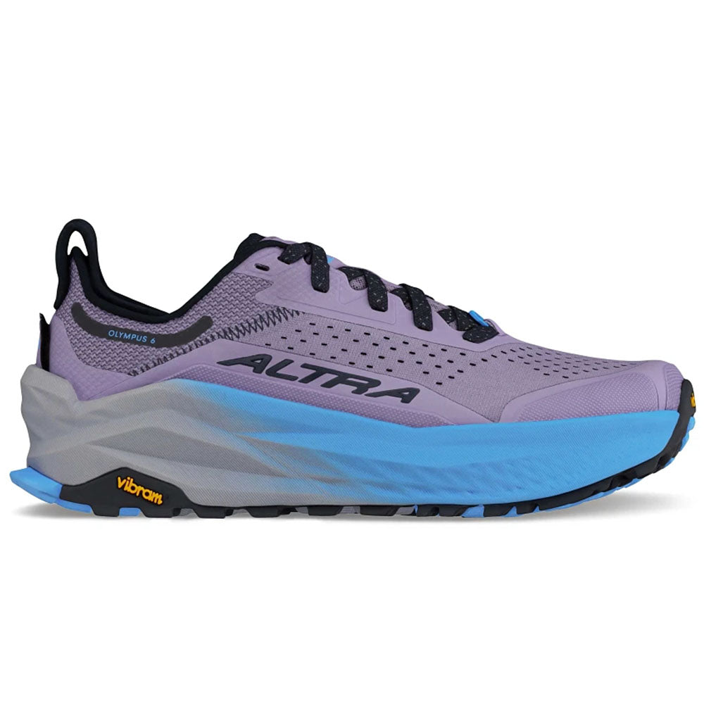 Side view on white background of Womens Altra Olympus running shoe in Purple, Medium (Regular) width