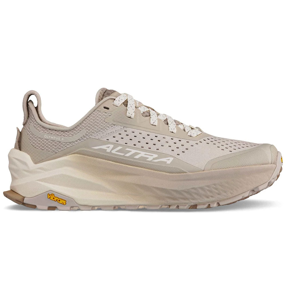 Side view on white background of Womens Altra Olympus running shoe in Sand, Medium (Regular) width