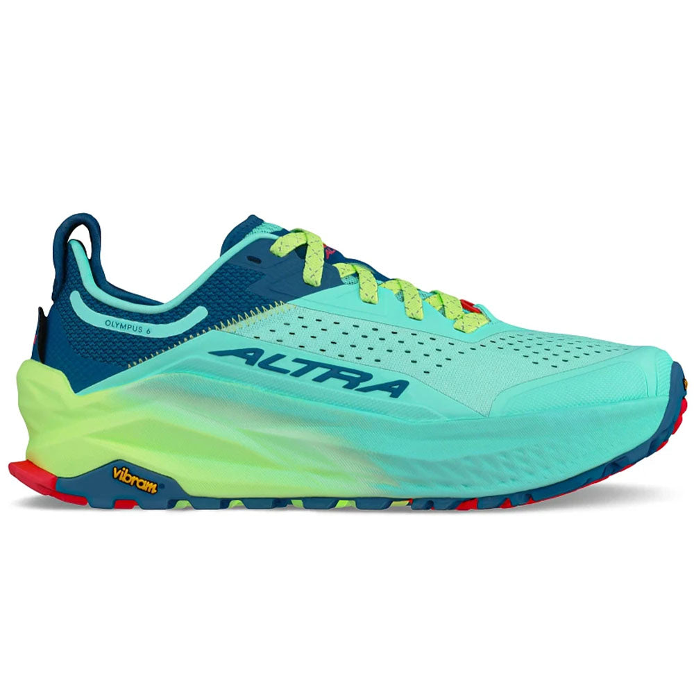 Side view on white background of Womens Altra Olympus running shoe in Teal, Medium (Regular) width