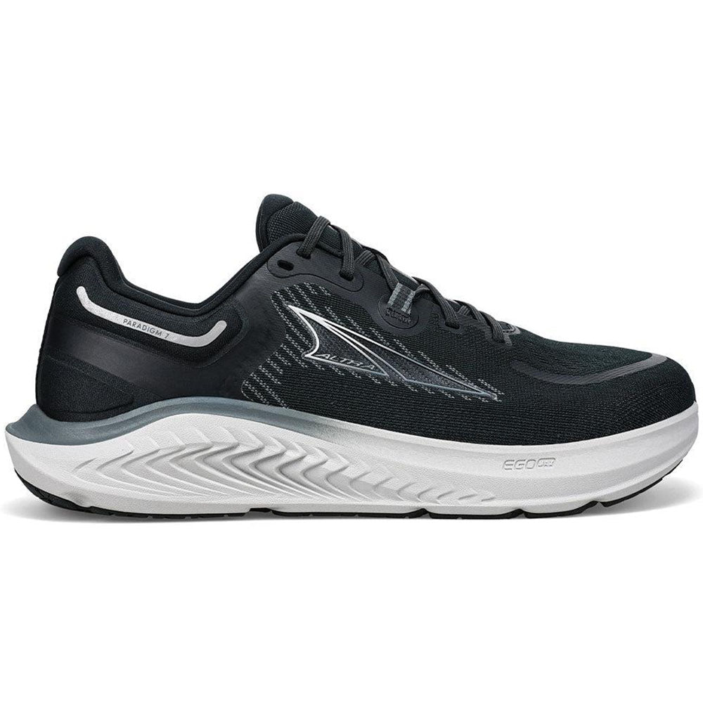 Side view on white background of Womens Altra Paradigm running shoe in Black, Medium (Regular) width