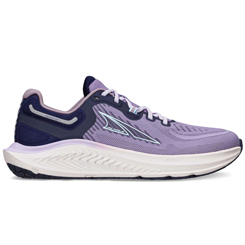 Side view on white background of Womens Altra Paradigm running shoe in Purple, Medium (Regular) width