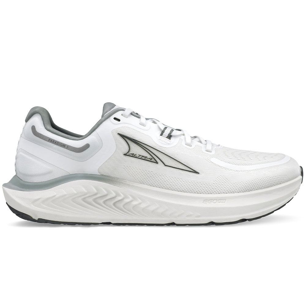 Side view on white background of Womens Altra Paradigm running shoe in White/Gray, Medium (Regular) width