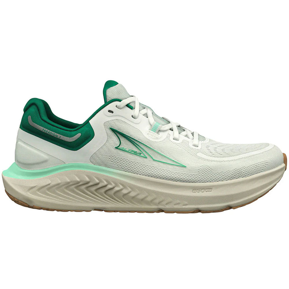Side view on white background of Womens Altra Paradigm running shoe in White/Green, Medium (Regular) width