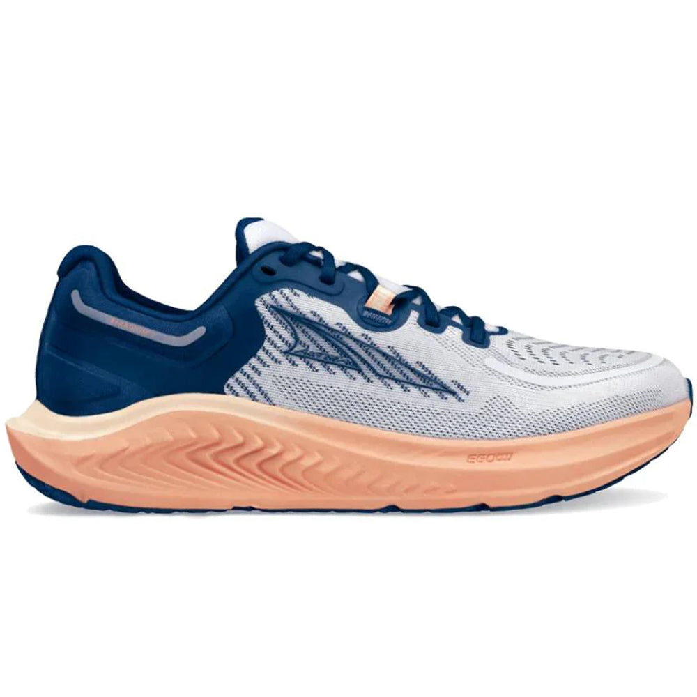 Side view on white background of Womens Altra Paradigm running shoe in White/Navy, Medium (Regular) width