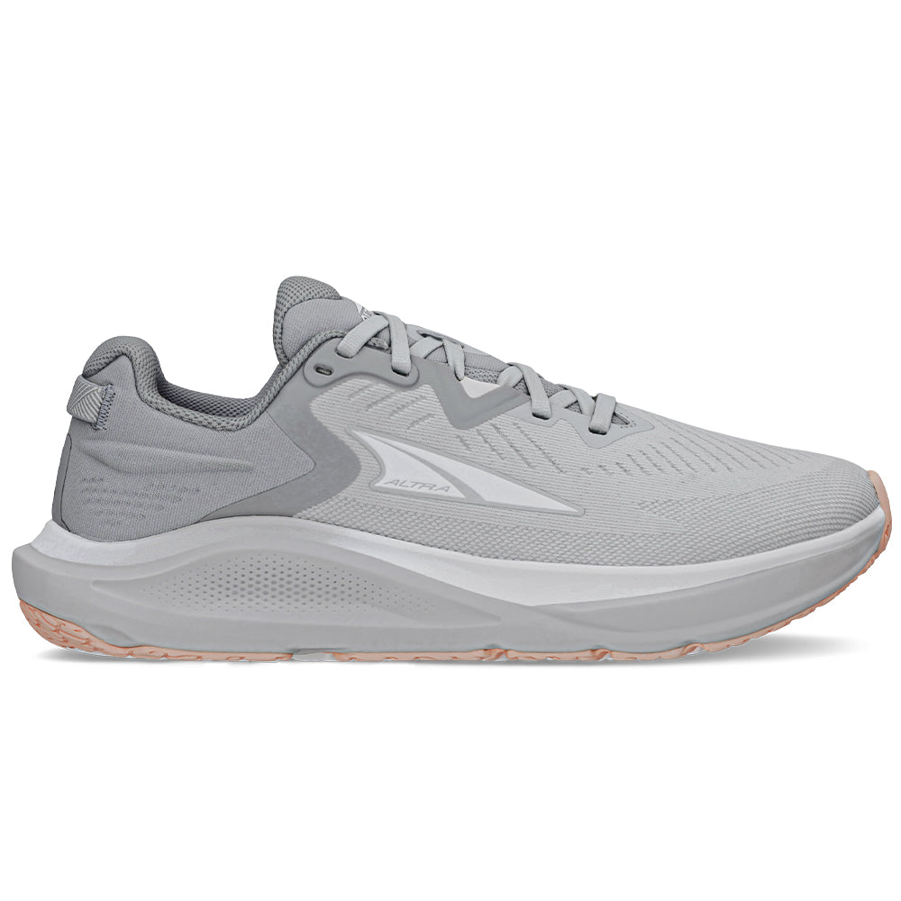 Side view on white background of Womens Altra Paradigm running shoe in Gray, Medium (Regular) width