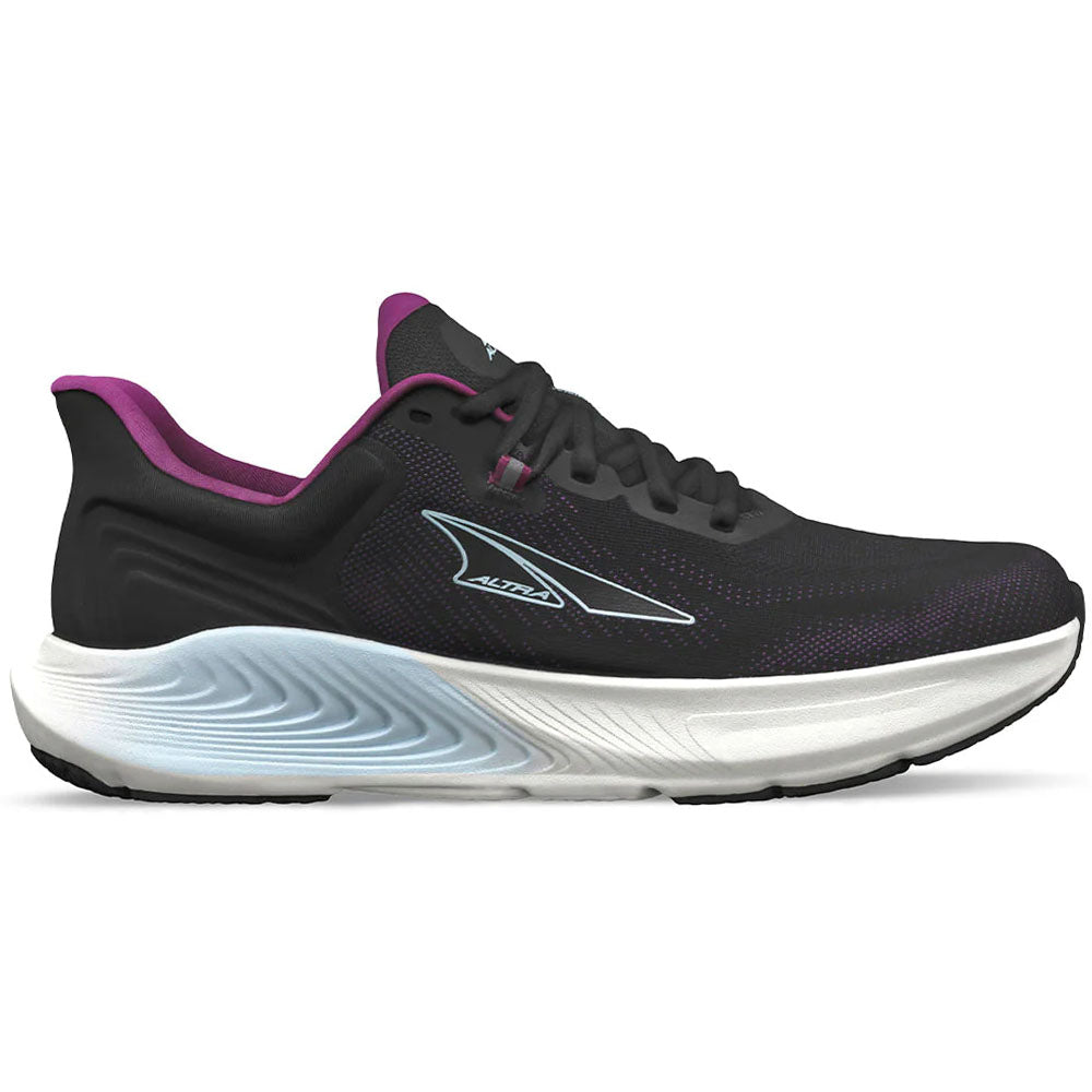 Side view on white background of Womens Altra Provision running shoe in Black, Medium (Regular) width