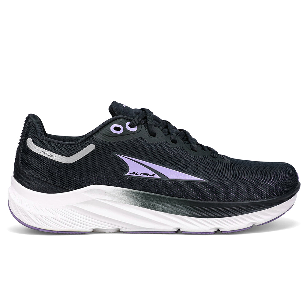 Side view on white background of Womens Altra Rivera running shoe in Black, Medium (Regular) width