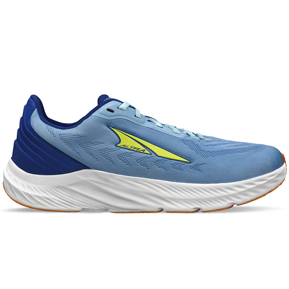 Side view on white background of Womens Altra Rivera running shoe in Blue, Medium (Regular) width