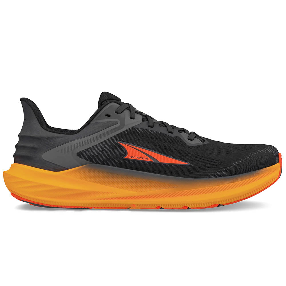 Side view on white background of Mens Altra Torin running shoe in Black/Orange, Medium (Regular) width