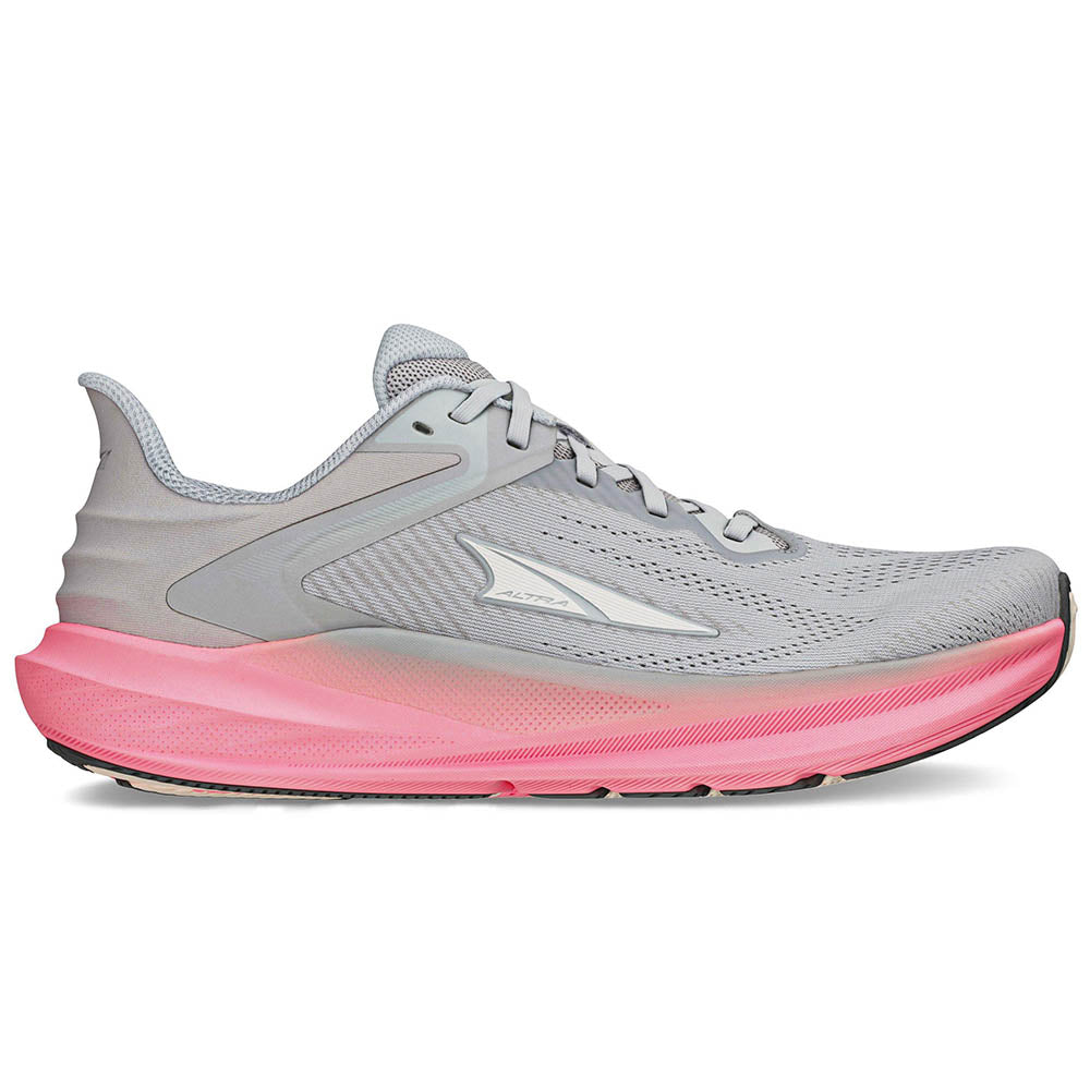 Side view on white background of Womens Altra Torin running shoe in Gray/Pink, Medium (Regular) width