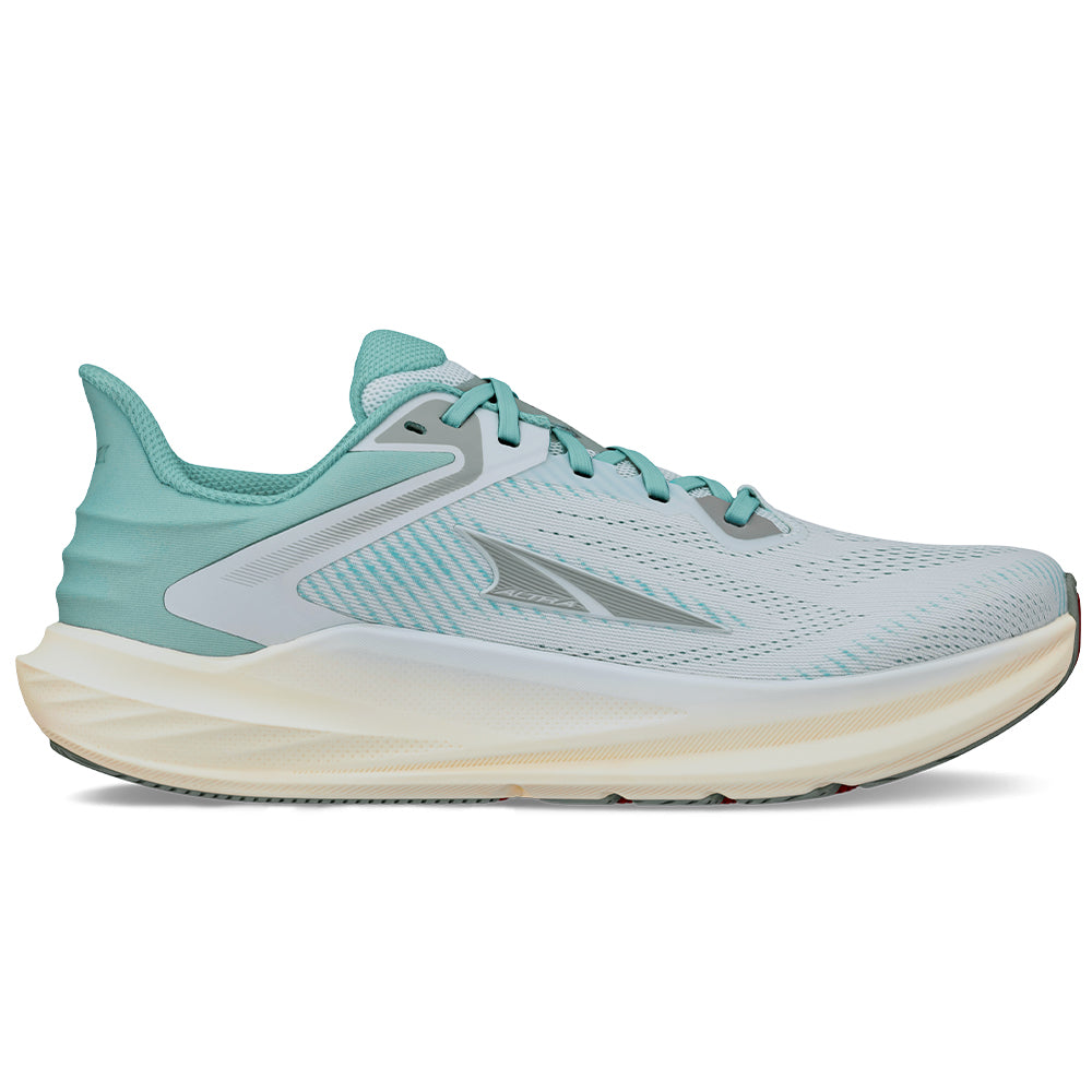 Side view on white background of Womens Altra Torin running shoe in Mint, Medium (Regular) width
