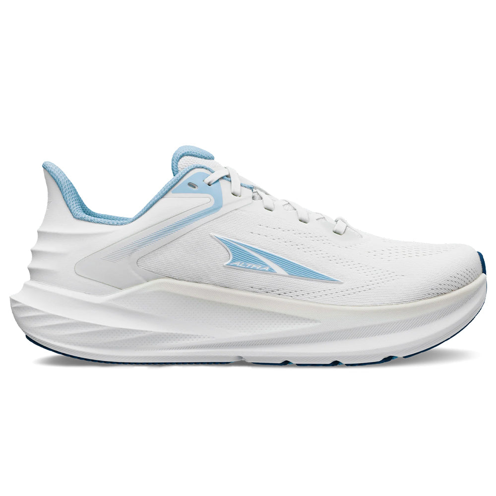 Side view on white background of Womens Altra Torin running shoe in White/Light Blue, Medium (Regular) width