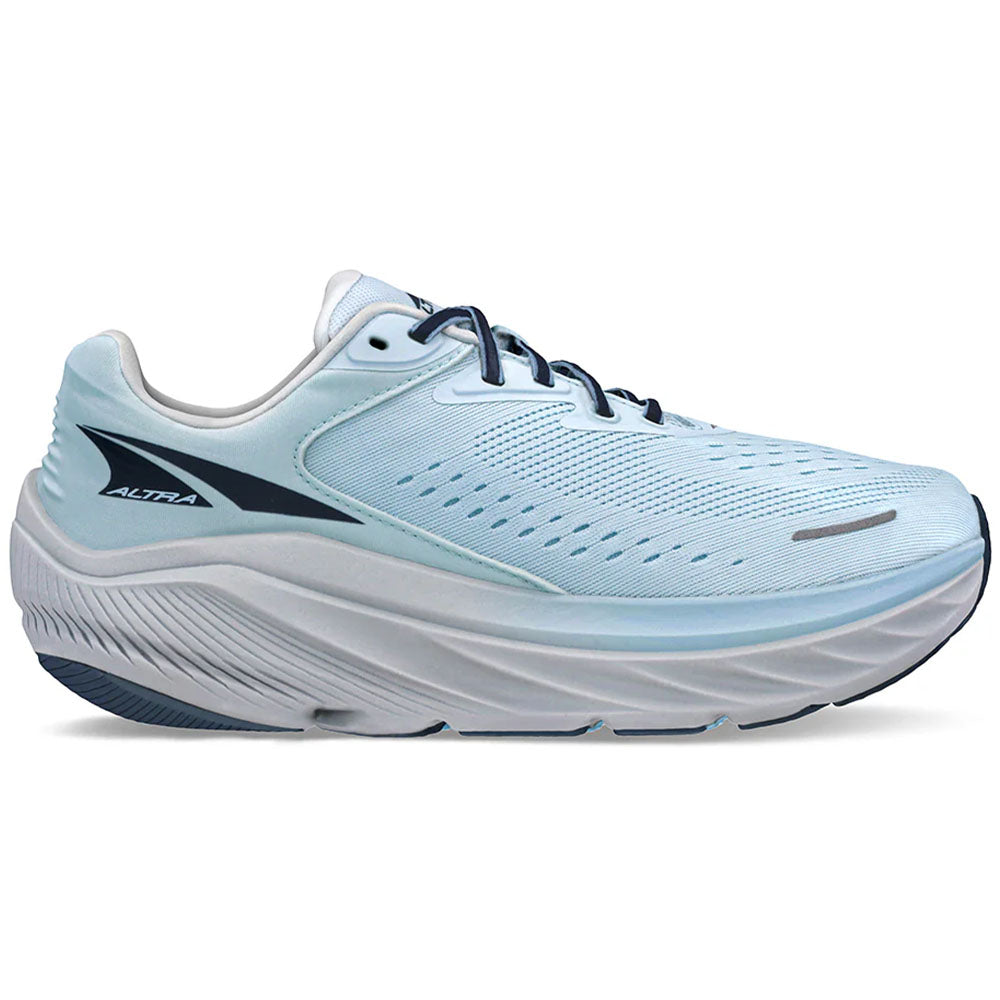 Side view on white background of Womens Altra Via Olympus running shoe in Light Blue, Medium (Regular) width