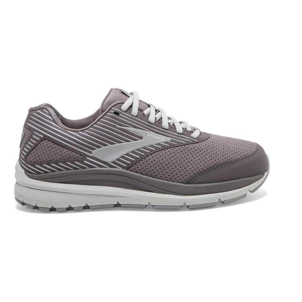 Side view on white background of Womens Brooks Addiction running shoe in Shark/Alloy/Oyster, Wide width