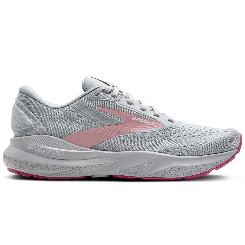 Side view on white background of Womens Brooks Adrenaline GTS running shoe in Alloy/White/Zephyr, Medium (Regular) width