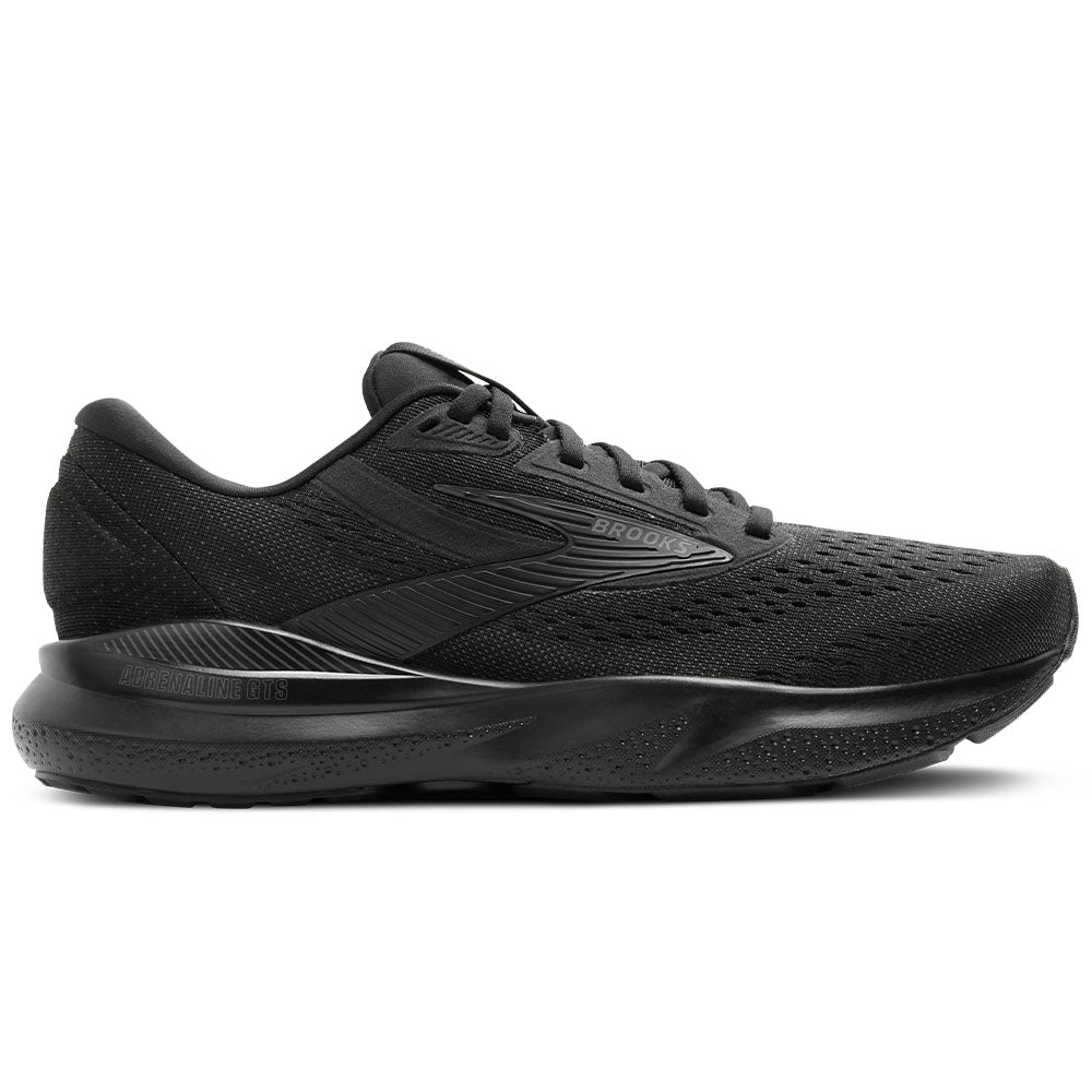 Side view on white background of Womens Brooks Adrenaline GTS running shoe in Black/Black/Ebony, Medium (Regular) width