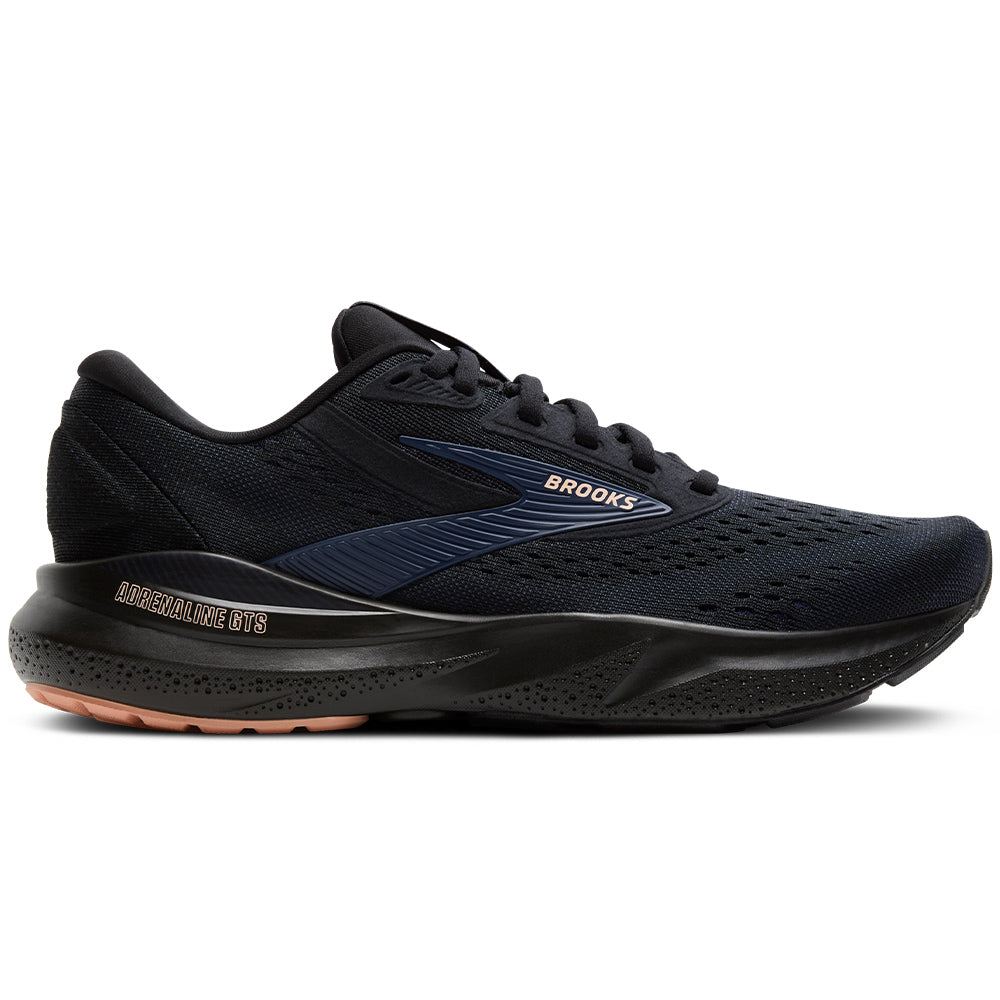 Side view on white background of Womens Brooks Adrenaline GTS running shoe in Black/Peacoat/Peach, Medium (Regular) width