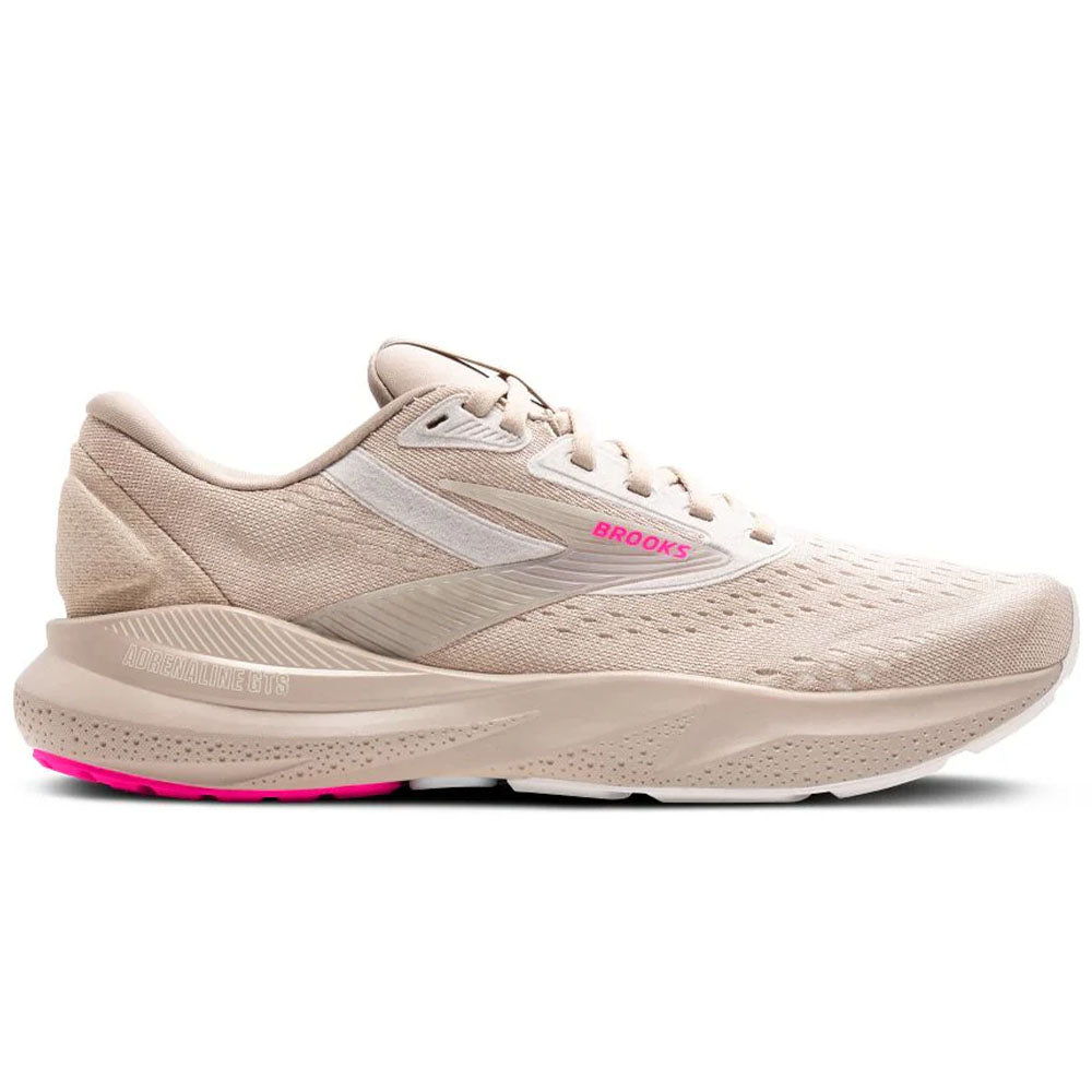 Side view on white background of Womens Brooks Adrenaline GTS running shoe in Chateau Grey/Coconut/Pink, Medium (Regular) width