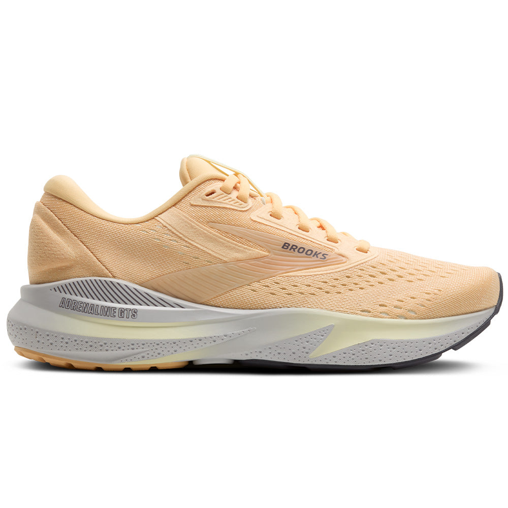 Side view on white background of Womens Brooks Adrenaline GTS running shoe in Sherbert/Oyster/Sylvan, Medium (Regular) width