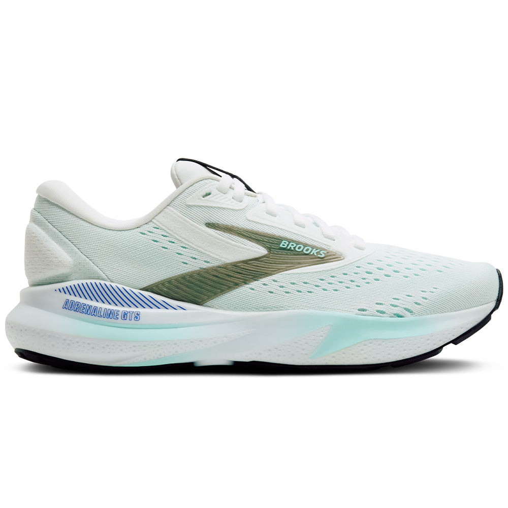 Side view on white background of Womens Brooks Adrenaline GTS running shoe in White/Limpet Shell/Amparo, Medium (Regular) width