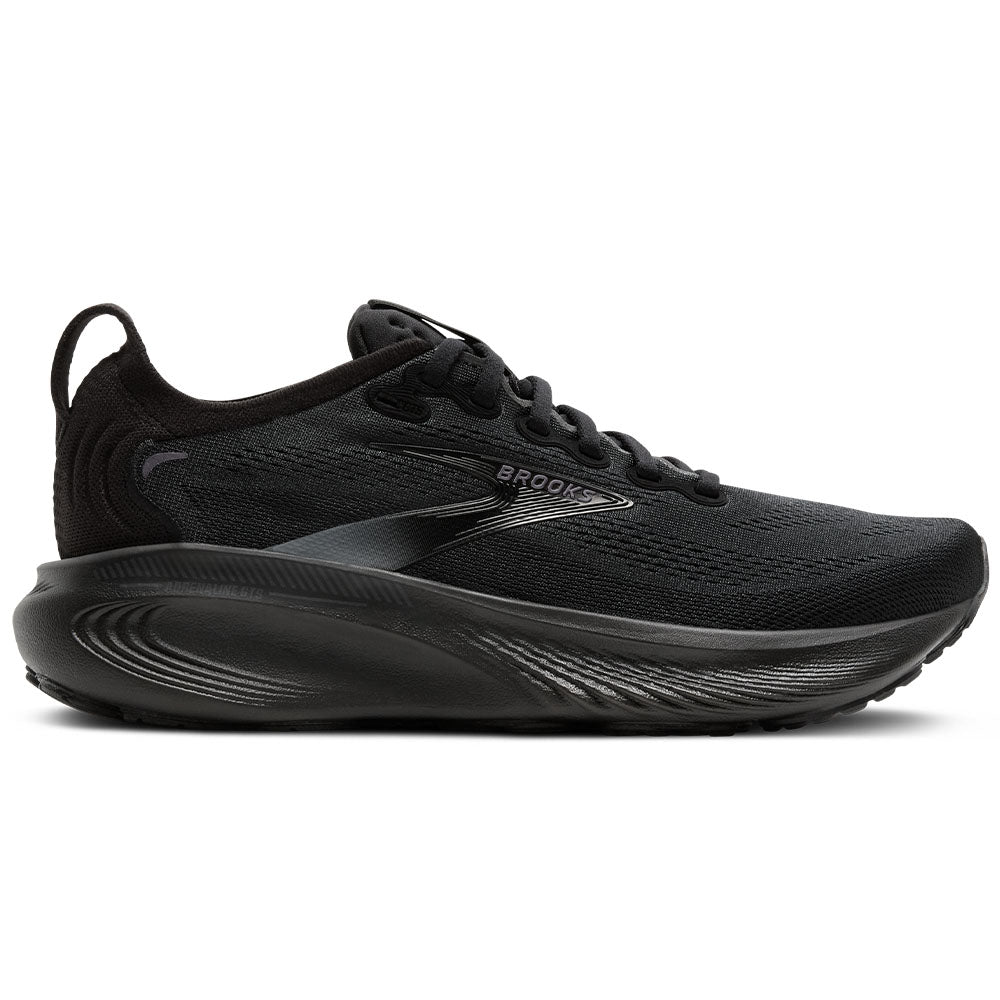 Side view on white background of Womens Brooks Adrenaline running shoe in Black/Black/Ebony, Wide width